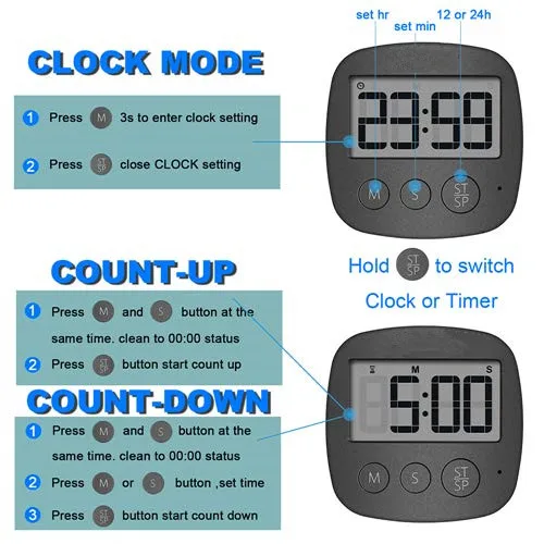 24 hours Large Display Clock Strong Magnetic Back Count Up Down for Cooking Baking Sports Games Office Digital Timer
