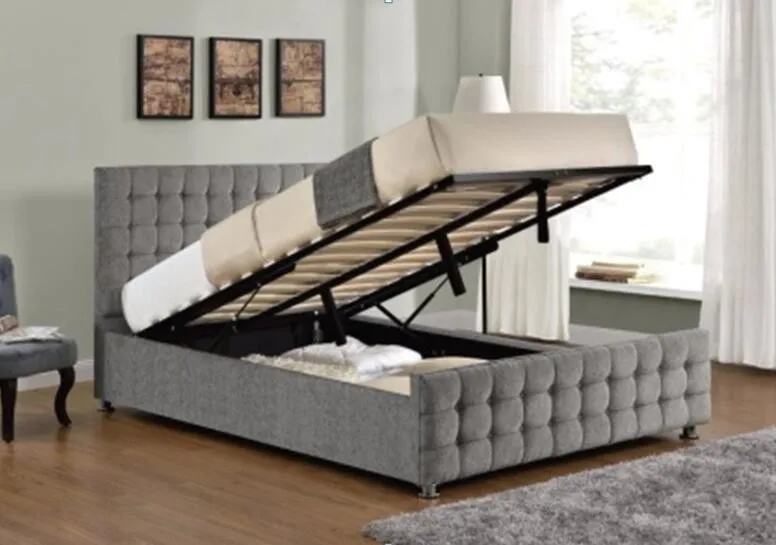 Crystal Tufted Gas Lift Up Crushed Velvet Storage Bed Leather Bed With
