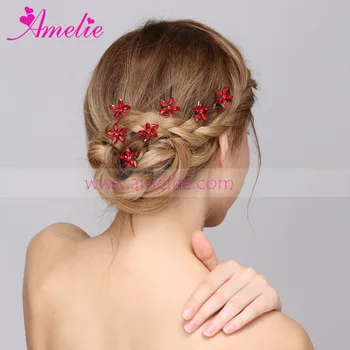 Cocktail Dress Hair Style Red Rhinestone Flower Hair Bobby Pins