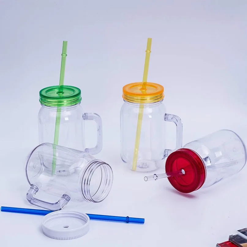 Custom Color Double Wall Plastic Juice Mason Jars With Handles And
