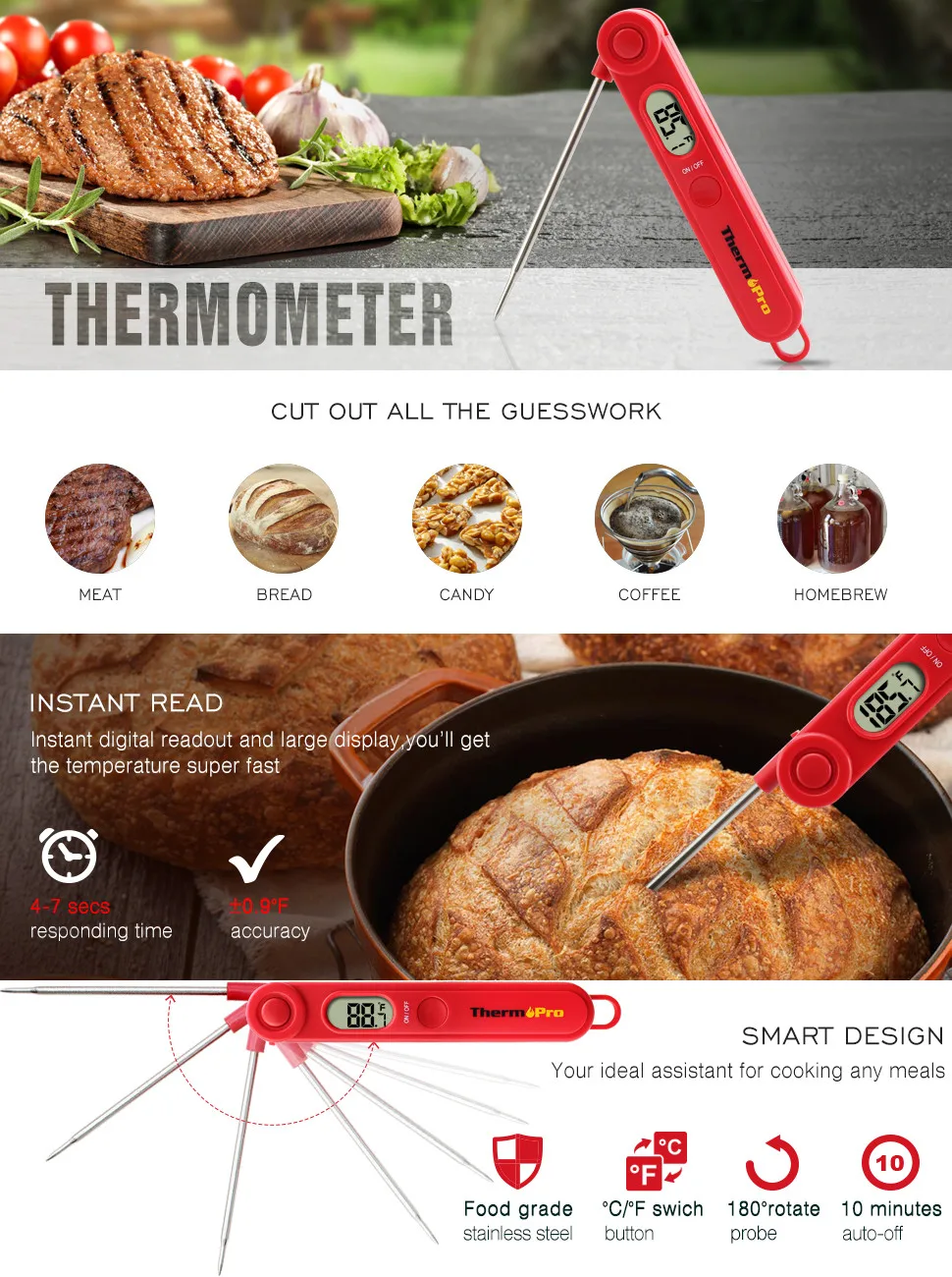 ThermoPro TP03A Instant Read Digital Kitchen Cooking Food Thermometer for  Meat Smart BBQ Grill Thermometer