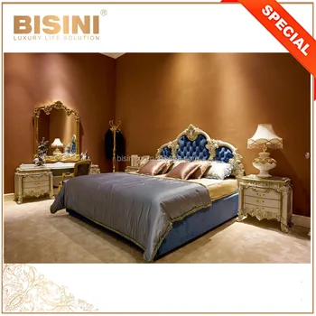 Antique Luxury Gold Trim French Style Bisini Bedroom Furniture Set Antique Luxury Gold Trim French Style Bisini Bedroom Furniture Set Tufted Blue Upholstered Sleeping Room