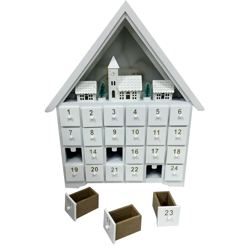 Christmas Wooden White Advent Calendar House With 24 Drawers And Led