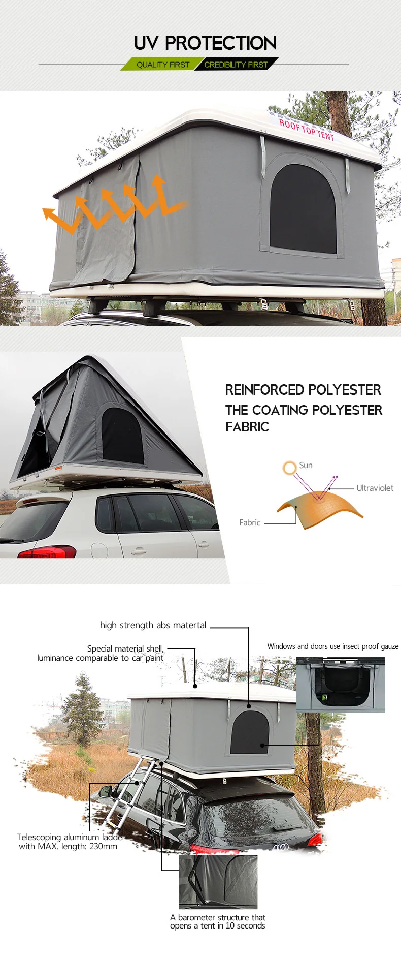 Roof Top Tent Aluminum Camping 3 Person Hard Roof Tent For Hiking