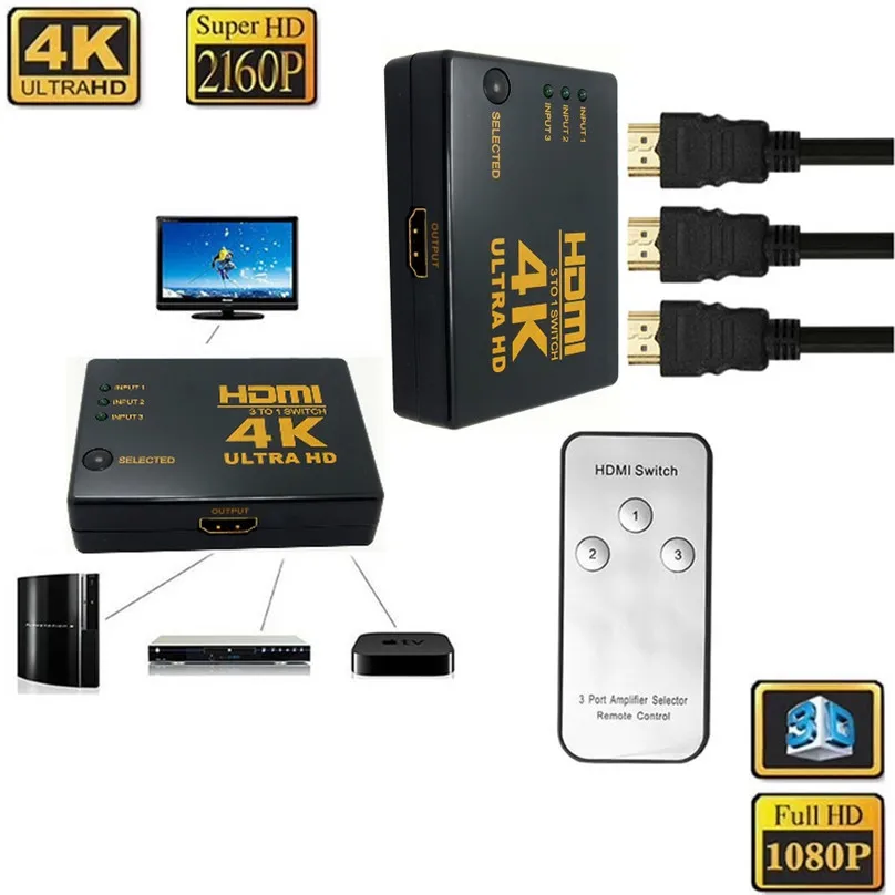 4K 3 Port Eingang auf 1 Port Ausgang Fernbedienung UHD HDMI 1.4 Standard KanaaN 3x1 HDMI Switch UltraHD FullHD 4K*2K 1080p kompatibel