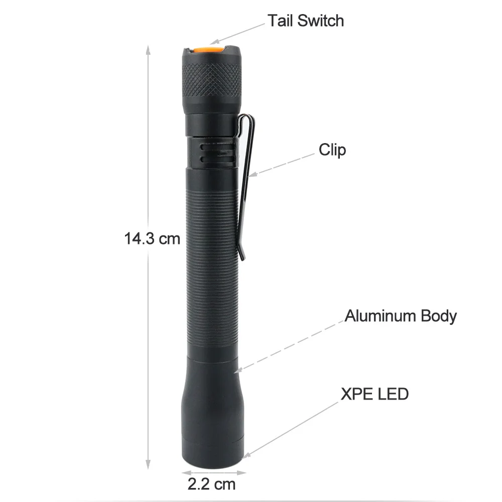 high Lumens Aluminum AA battery powered Pocket LED Flashlight details