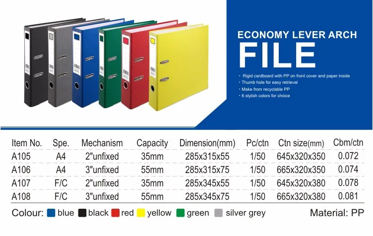 Standard Office A4 File Folders 3 Unfixed PP Plastic Packets Lever 