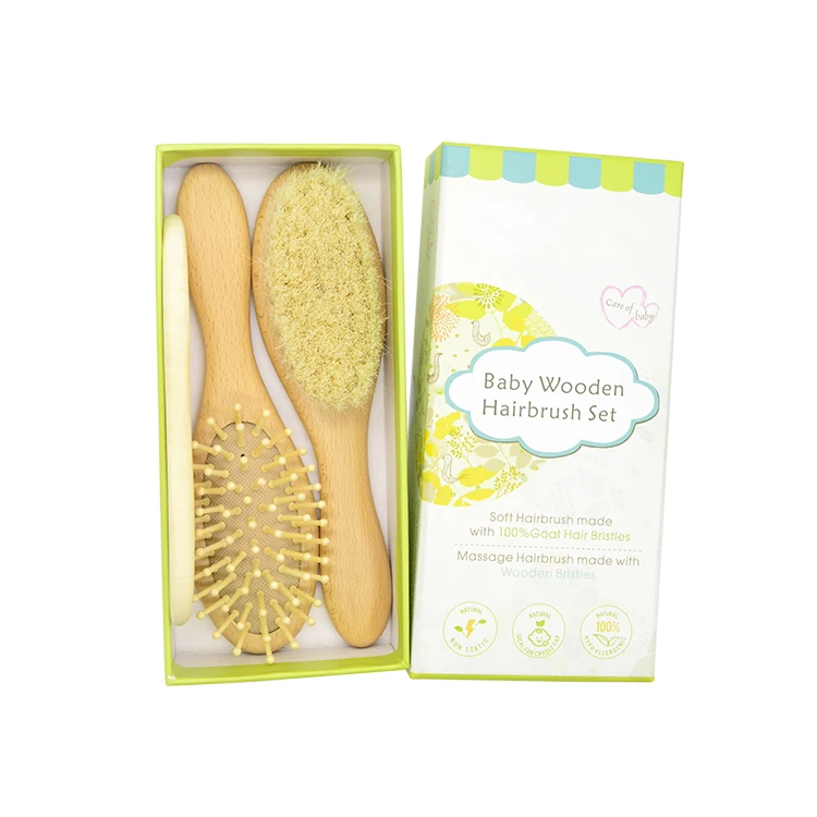 3piece Wooden Baby Hair Brush And Comb Set For Newborns And Toddlers