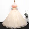 HQ178 Appliqued Flowers Ball Gown Quinceanera Dress Puffy Long Evening Party Dress Off Shoulder Tulle Yellow Prom Dress