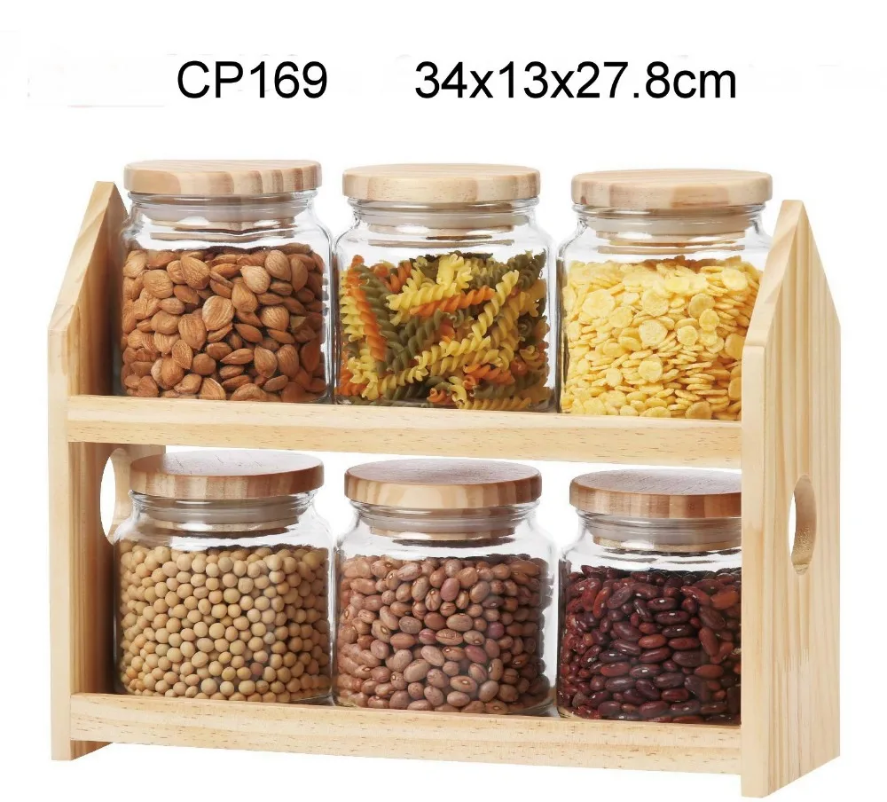 Cp171w 6pcs 500ml Square Glass Food Storage Jar Candy Jar With Wooden