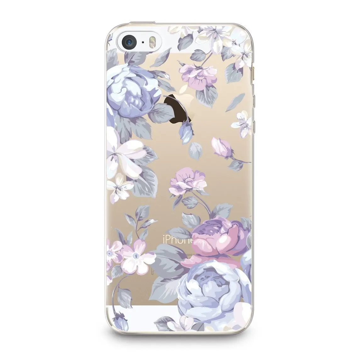 Soft Rubber TPU Case for iPhone 5/5s, CasesByLorraine Purple Rose Floral Flower Pattern TPU Soft Rubber Clear Transparent Case for iPhone SE & iPhone 5/5s (I33)