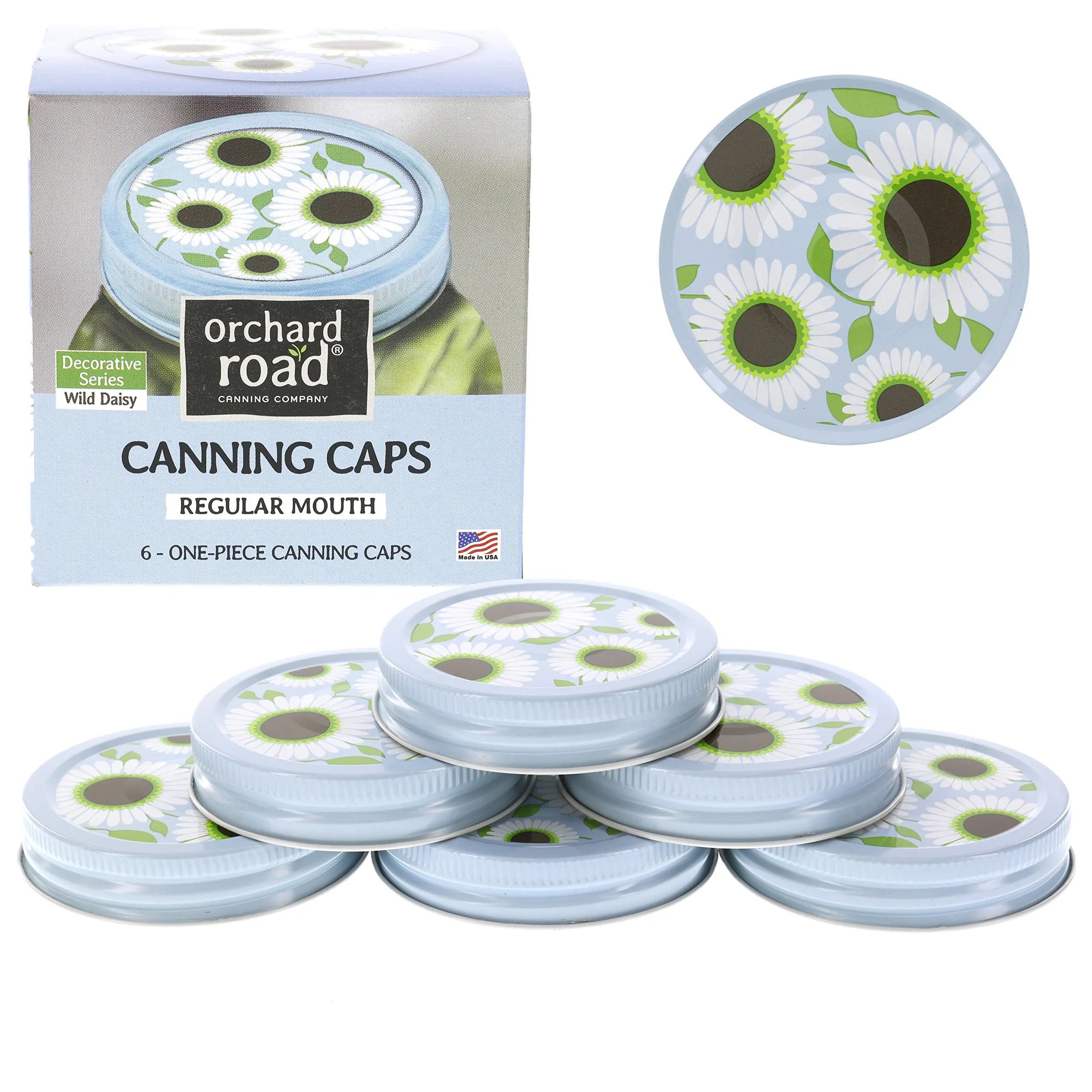 Mason Jar Lids - Decorative Canning Caps Fit Regular Mouth Mason Jars - Wild Daisy Design - Pack of 6