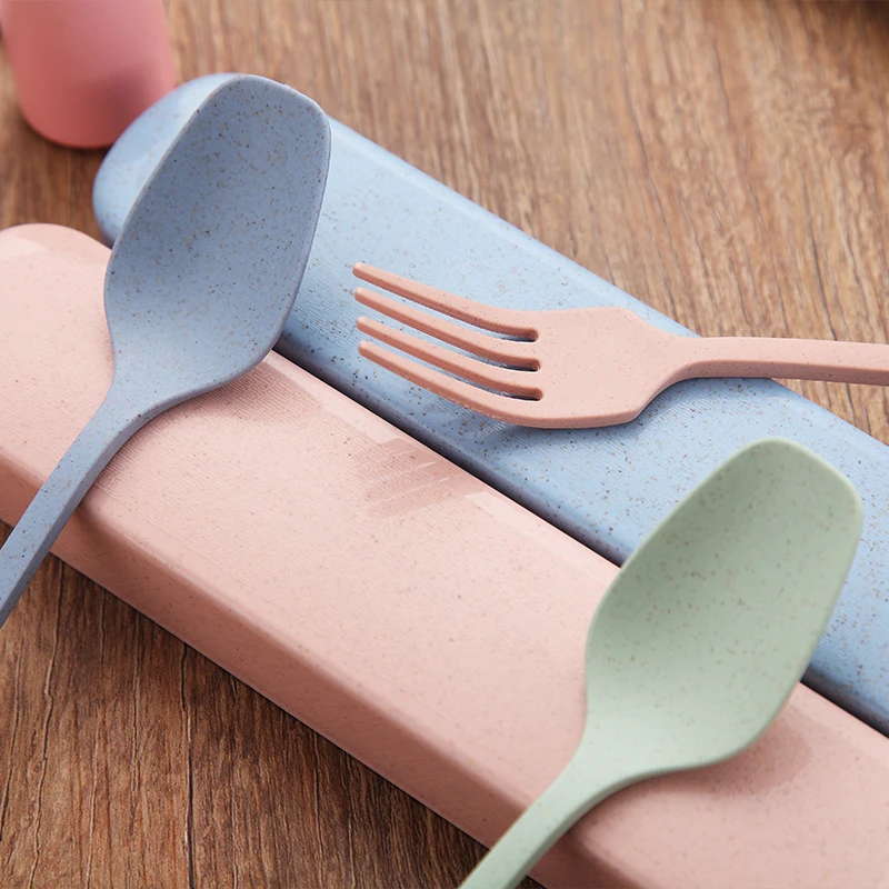 小麦秸秆便携式可重复使用的3 pcs餐具套装旅行麦草餐具