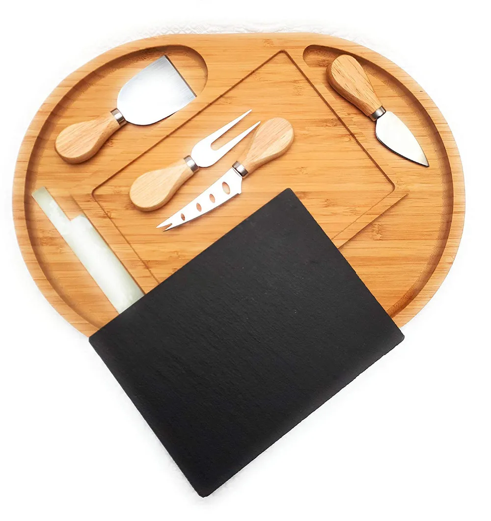 Bamboo Cheese Board And Cutlery Knife Set,Black Slate With Markers,Best Party Serving