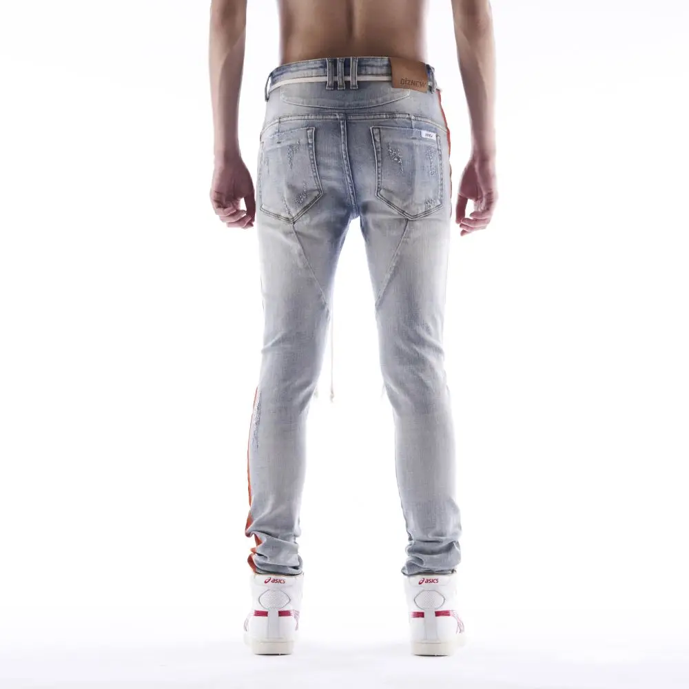 distressed track denim jeans