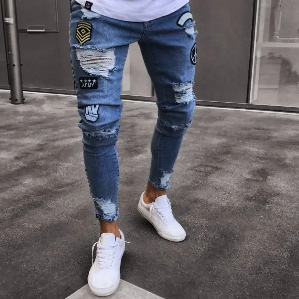 Wholesale Cartoon embroidery ripped mens jeans hip hop Stylish skinny  youth personality trend denim pants for men From malibabacom