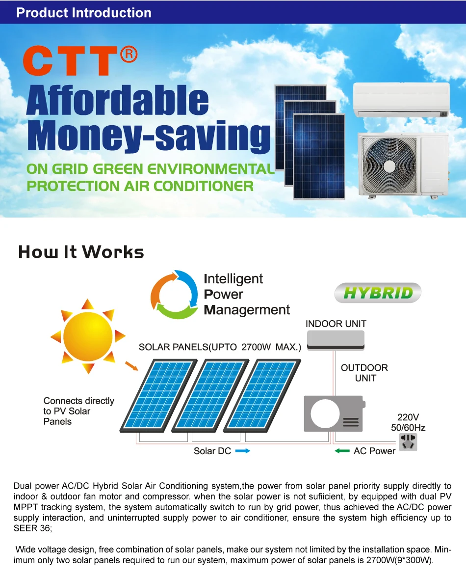 5hp ac/dc hybrid solar powered air conditioner for home heating