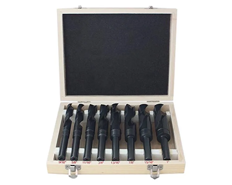 8Pcs Large Size 1/2" Inch Reduced Shank Silver and Deming Silver Drill Bits Set in Wooden Box