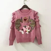 Spring new wool knitted sweater leopard flower embroidered round collar long sleeve pullover sweater
