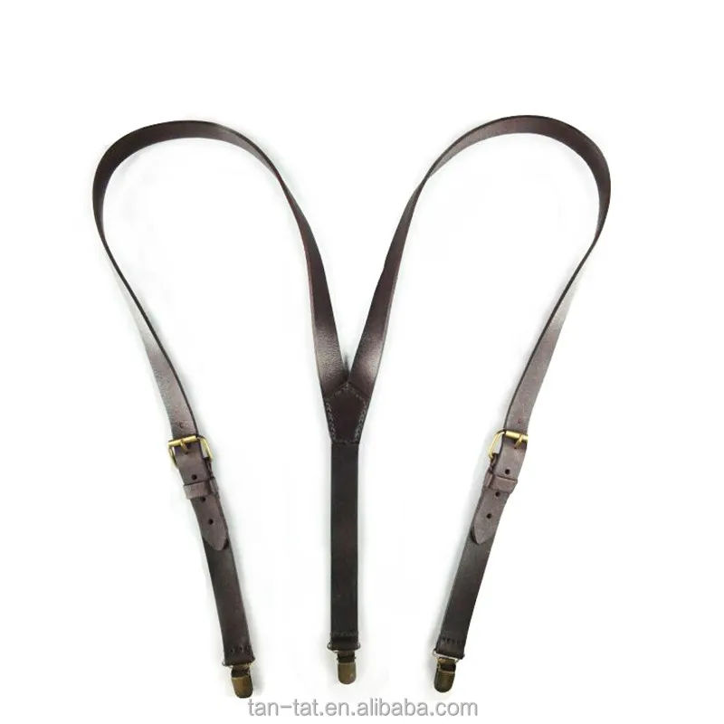 Brown Country Style Cow Leather Suspenders for Men Women Kids