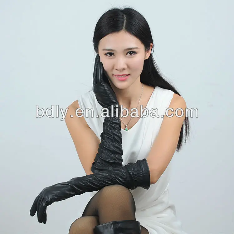Black Elbow Length Elastic Sleeve Ladies Long Leather Gloves - Buy ...
