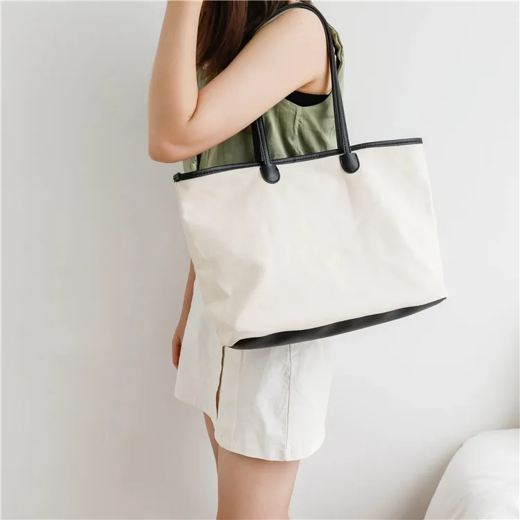 Wholesale High Quality Leather Handle Canvas Handbag Women Tote Bag ...
