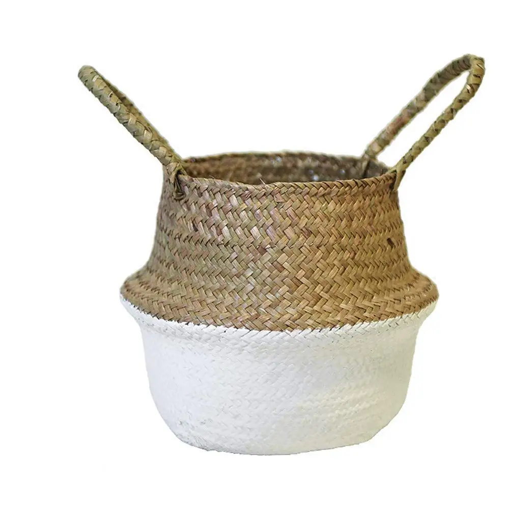 Seagrass Wicker Basket Wicker Basket Flower Pot Folding Basket Dirty Basket Storage Home Decor Natural Seagrass Belly Basket with Handles Laundry Basket 27cm (White)