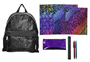 Skechers Twinkle Toes Black Sequin Backpack & ULTIMATE Back to School Set Includes Sparkly Jungle Folders, Spiral, Pencil Case, and More