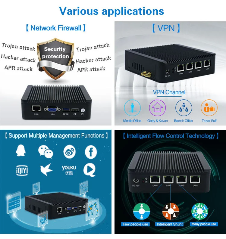 Yanling Intel atom E3845 quad core 4 ethernet ports fanless industrial mini pc firewall pfsense support aes-ni
