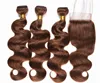 Pre-colored Raw Indian Hair Bundles with Closure #4 Light Brown Non-remy Body Wave Weave Human Hair Bundles with Closure