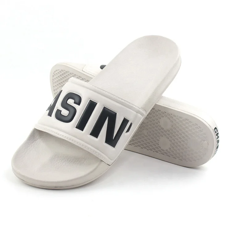 Beach Pool Fashion White Custom Embossed Logo Slipper Pu Slides Footwear Woman Man Summer Beach 