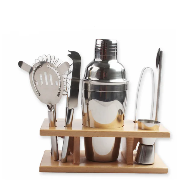 9pcs Metal Stainless Steel Bar Tools Boston Tail Shaker Tool Set With Bamboo Stand 9pcs Metal Stainless Steel Bar Tools Boston Tail Shaker Tool Set With Bamboo Stand