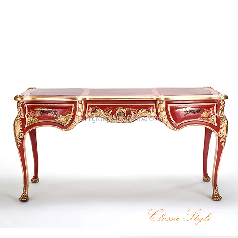 New Arrival Handpainted Red And Gold Writing Table Of Baroque