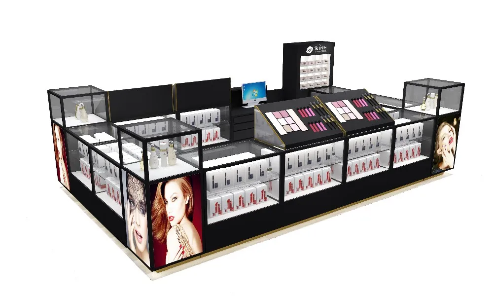 Retail Store Makeup Lipstick Fireproof Wood Corner Glass Wall Display