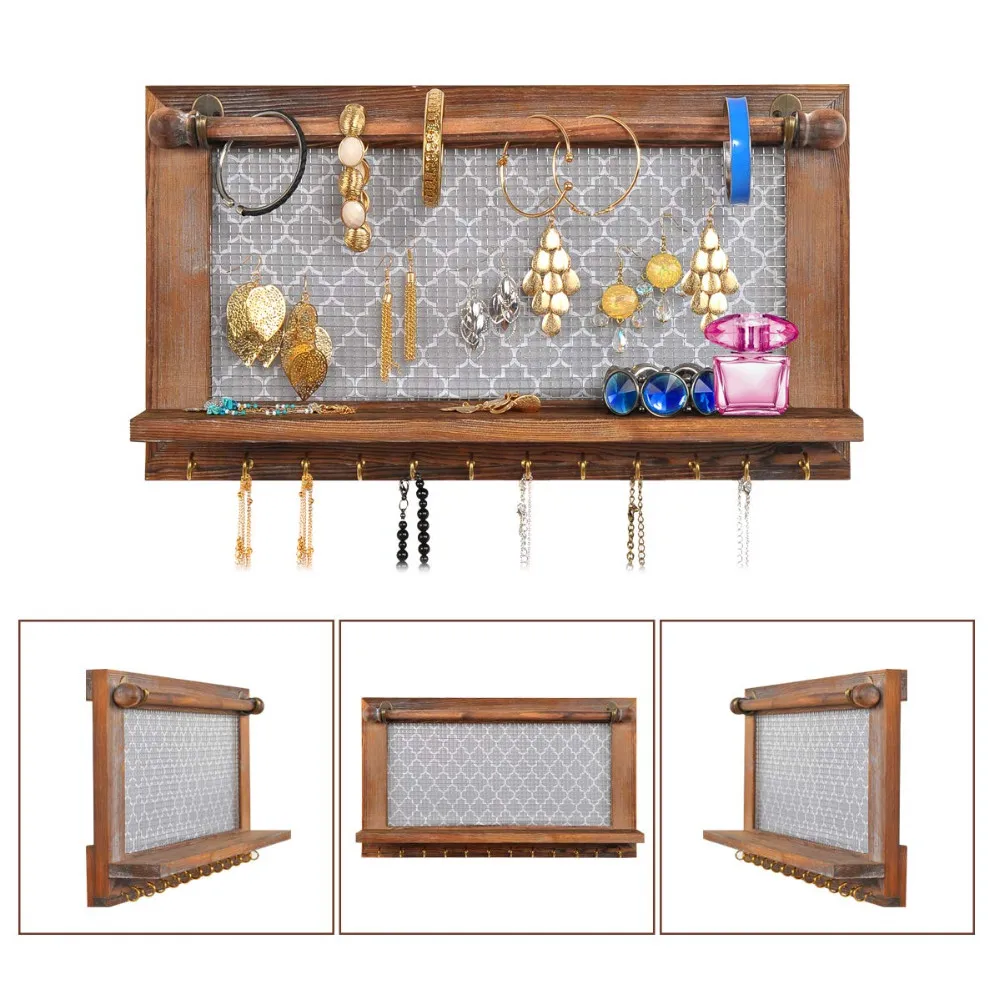 Wall Mounted Rustic Wood Jewelry Organizer Holder With Hooks Shelf For