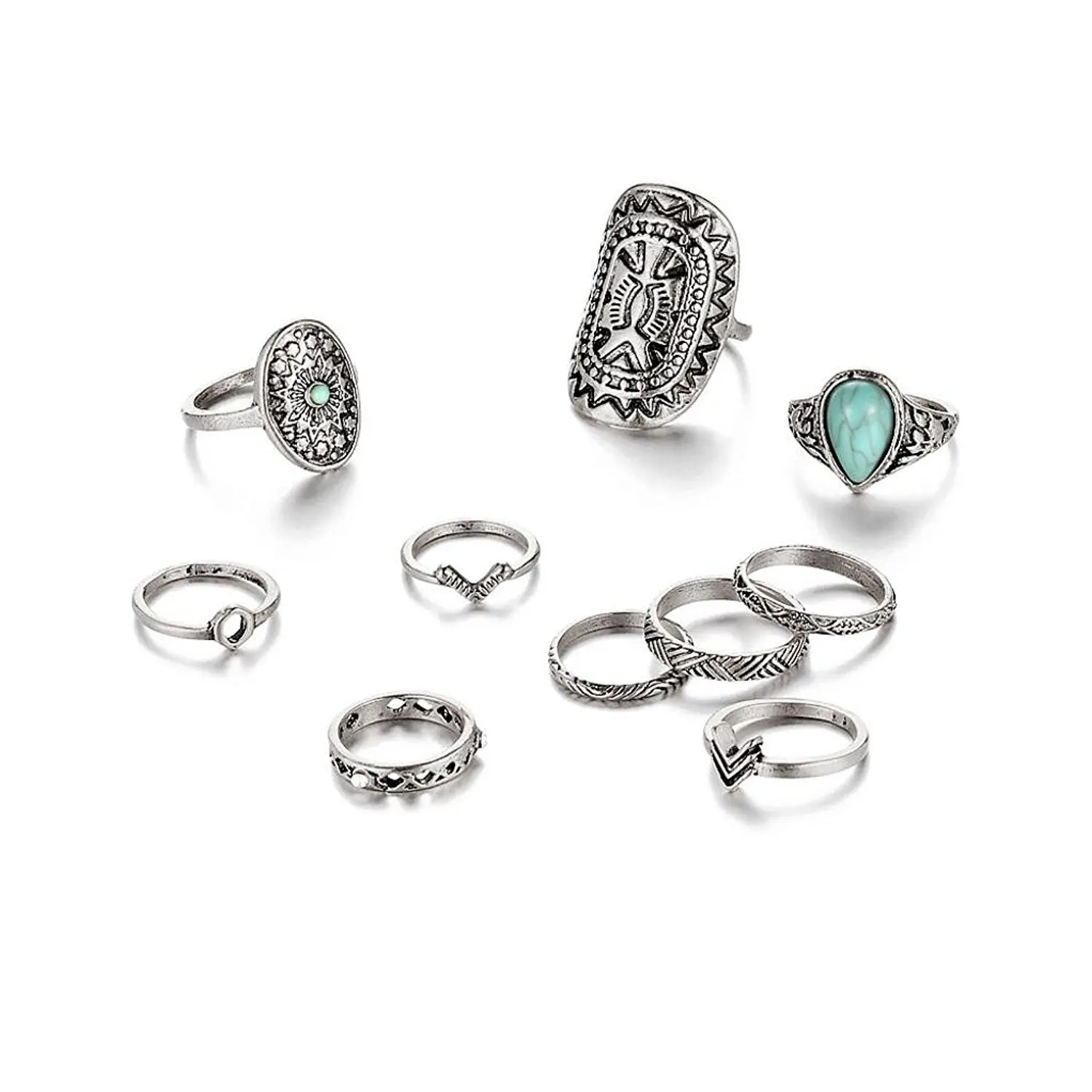 Susenstone 10pcs/Set Women Bohemian Vintage Rings, Above Knuckle Blue Rings Set (Silver)