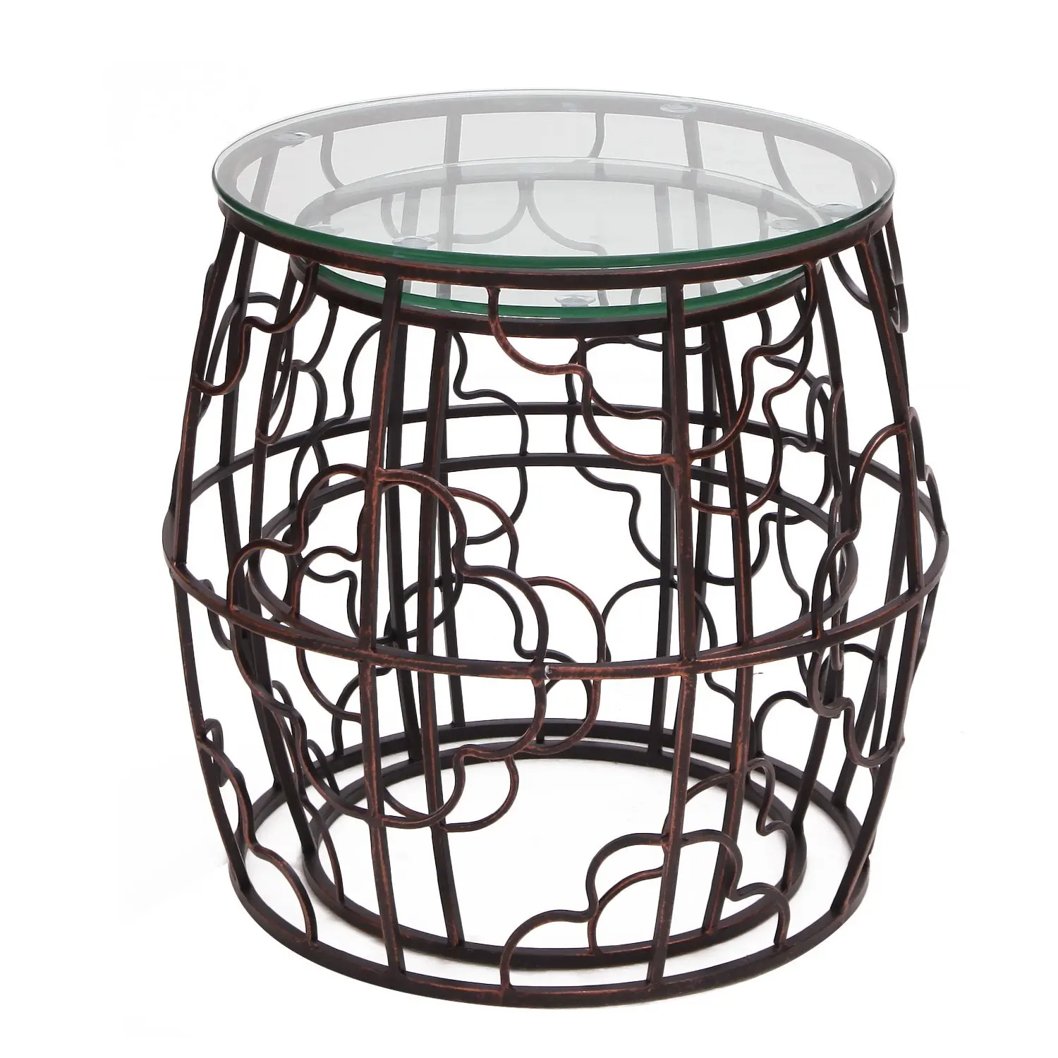 Accent Metal Round Drum End Table with Glass Top