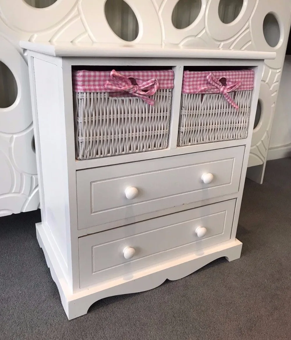 White & Pink Floral Storage Unit Cupboard Wicker Drawer Girls Furniture 