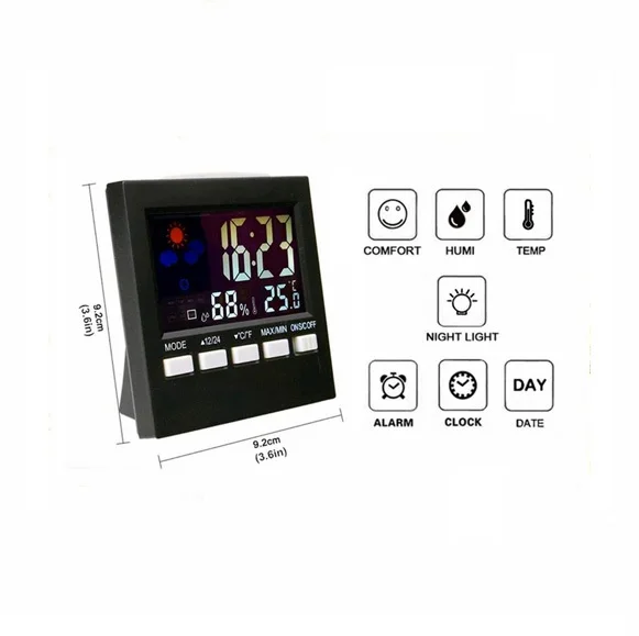 Color Digital Humidity Monitor Room Thermometer with Alarm Clock Thermometer Voice Control Backlit