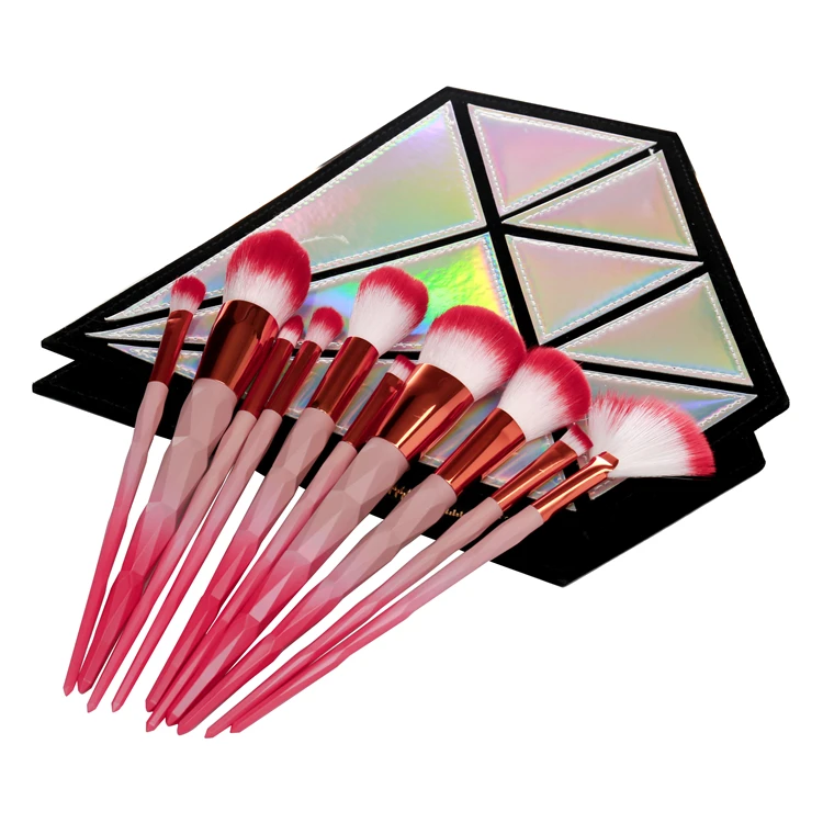 High Quality Pink 10pcs Make Up Brush Set With Holographic Cosmetic Bag