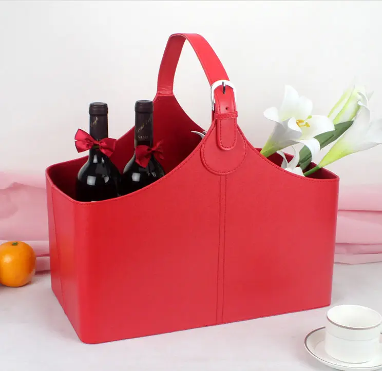 Customized Pu Leather Wine Basket Faux Leather Storage Gift Hamper
