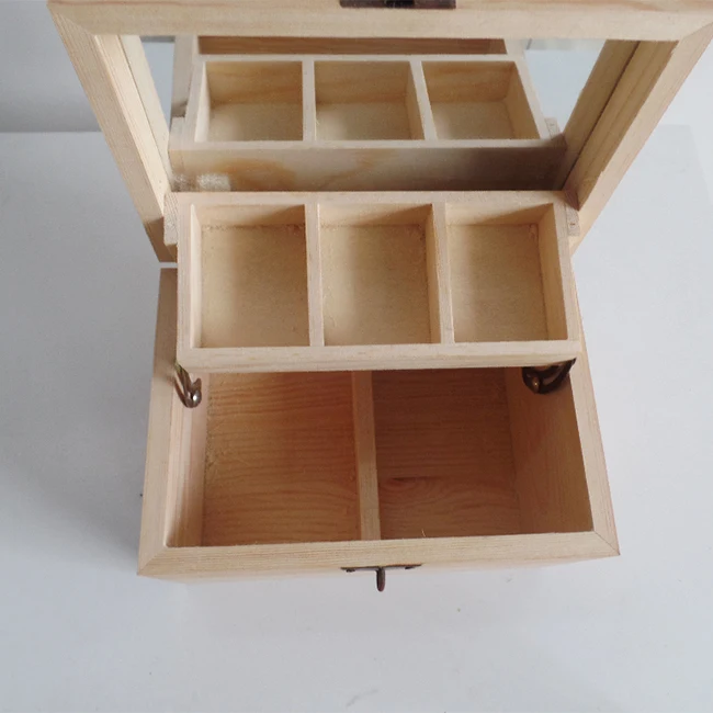 small wooden make up box with mirror