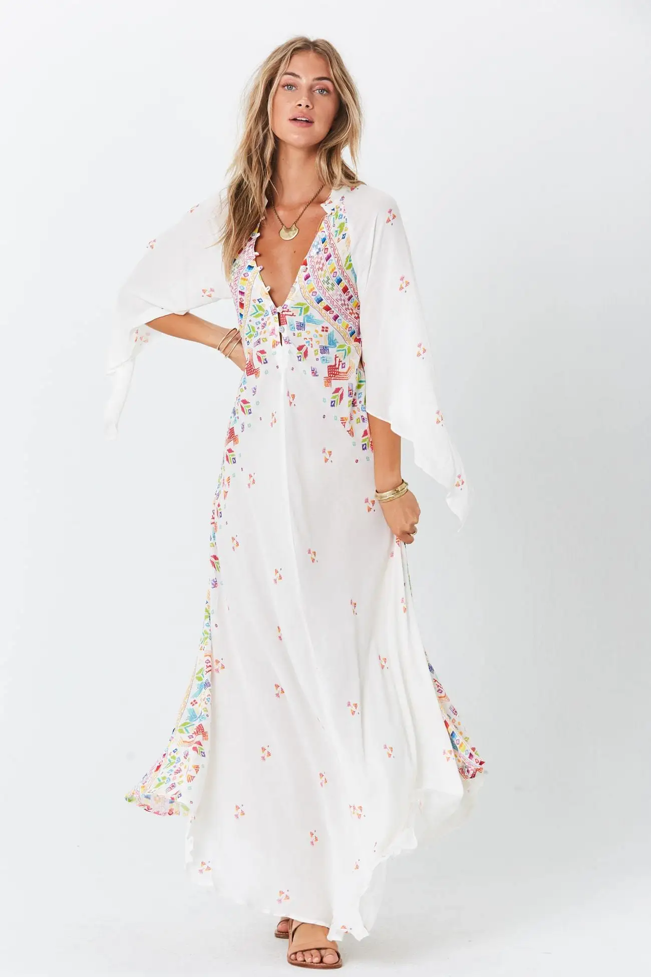 New Floral Print Fashion Bohemian V-Neck Button Dress Asymmetrical Long Dress