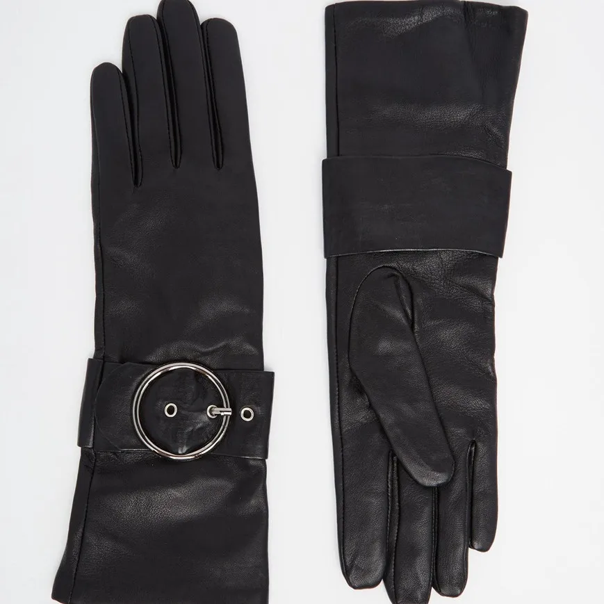Women's customized black long leather gloves