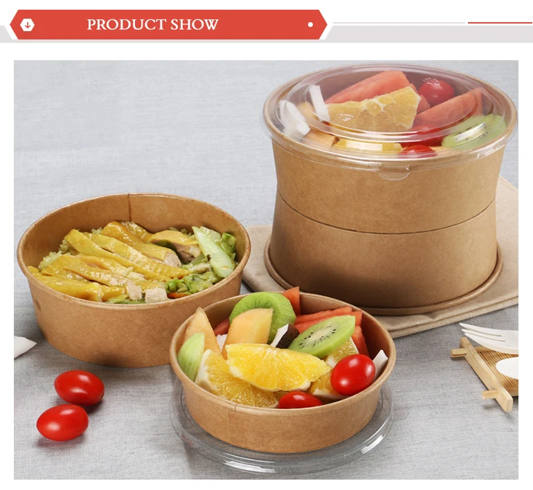 Customized Disposable Takeaway Salad Round Container Kraft Paper Bowl