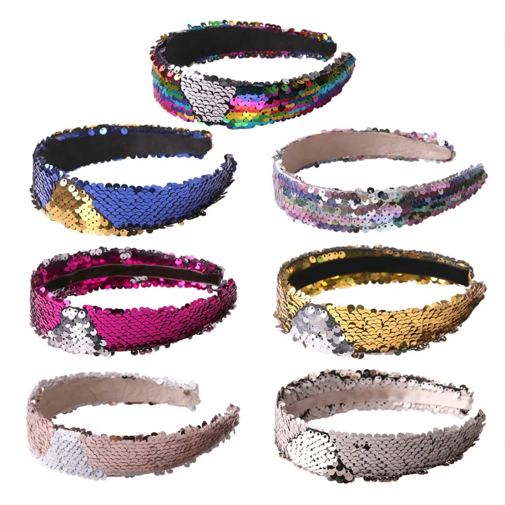 Shiny Hairbands Hair Hoop For Women Girls Handmade Reversible Sequin Mermaid Headband Hair 0106