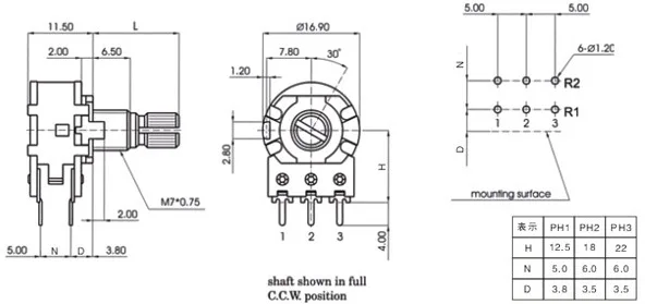 Potentiometer Single-joint potentiometer B10K handle length 15mm horizontal tripod 10K Potentiometer WH148