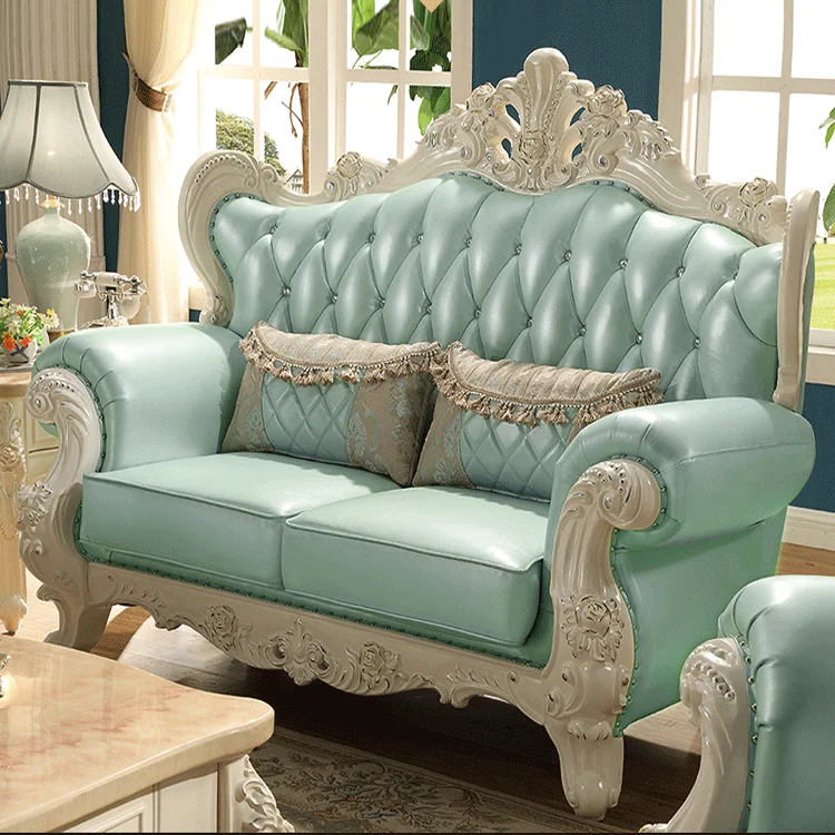 Light Green Luxury Genuine Leather Solid Wood Sofa Set For Living Room