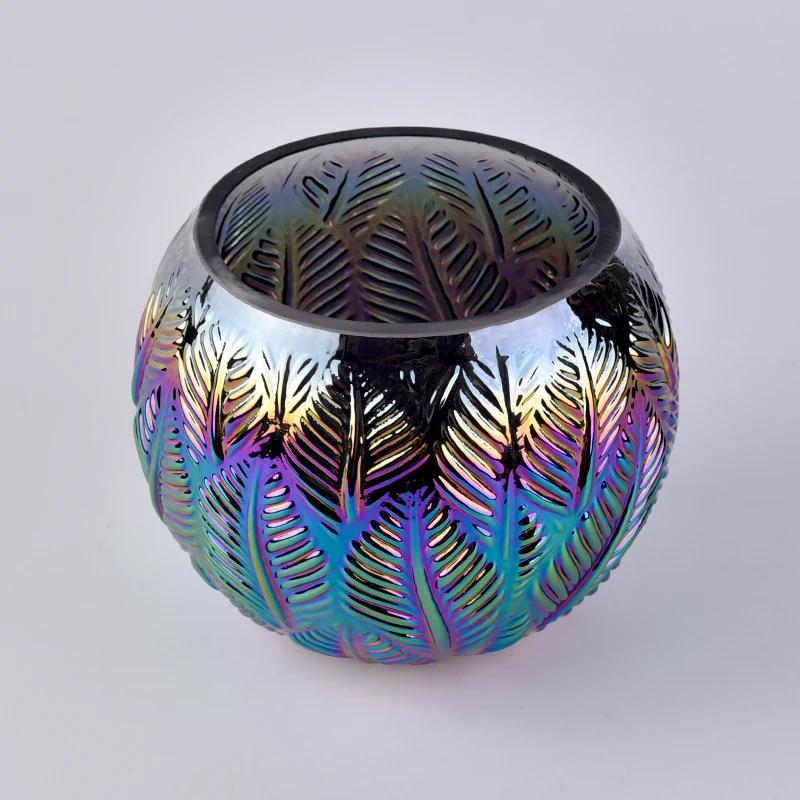 Iridescent pine glass candle jar embossement ball home decoration wholesale
