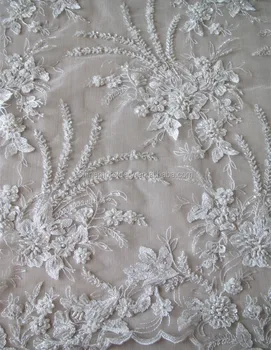 Fancy White Embroidery Lace Tulle Fabric With Heavy Beaded